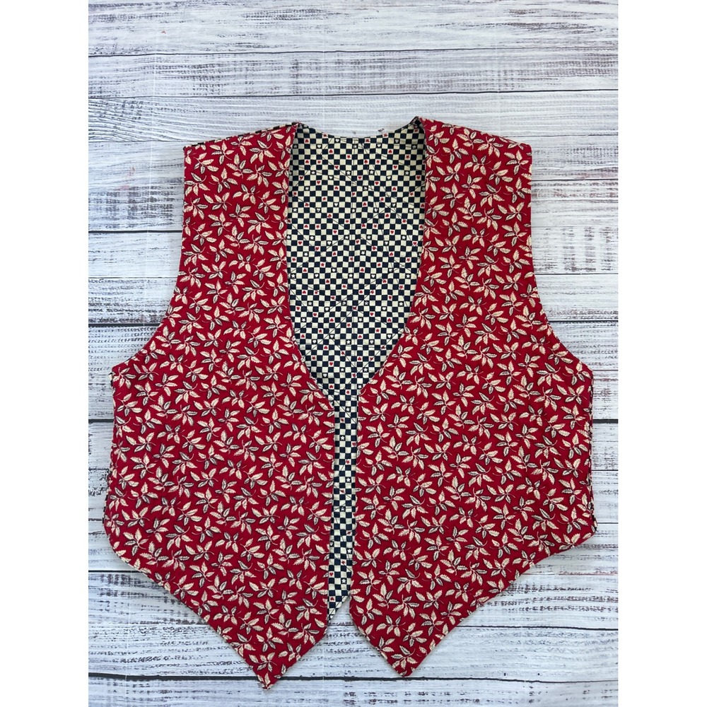 Reversible Quilted VTG‎ Vest Country Check Red Floral Hearts Stars Cottage - Picture 3 of 6